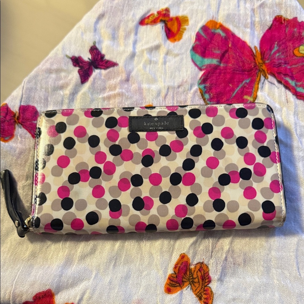 kate spade Pink, Black and Gray Polka Dot Zip Wallet